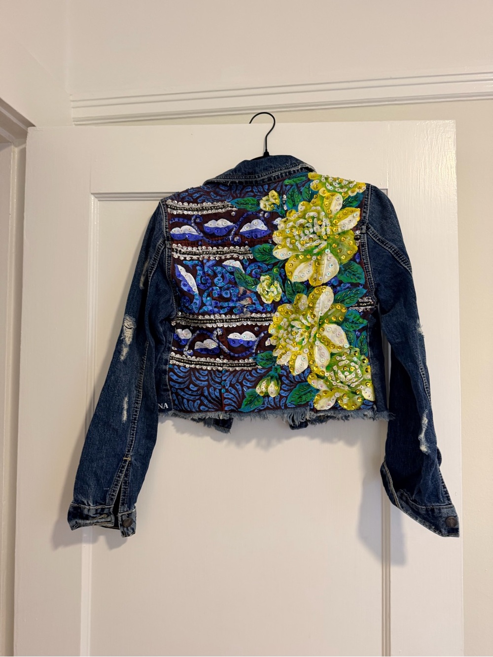 Hand Painted floral and Embellished Cropped Denim Jacket